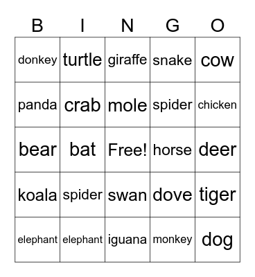 animals Bingo Card