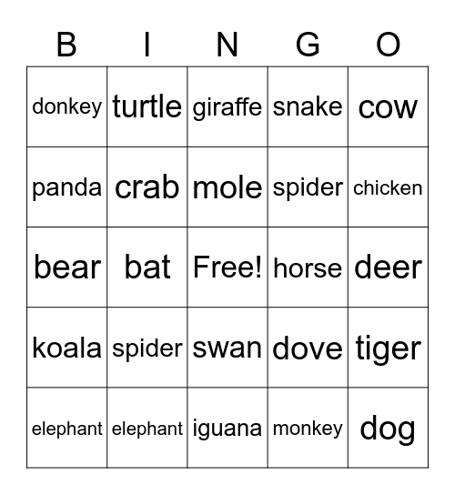 animals Bingo Card