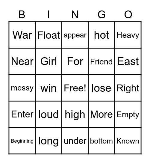 Antonym Bingo Card