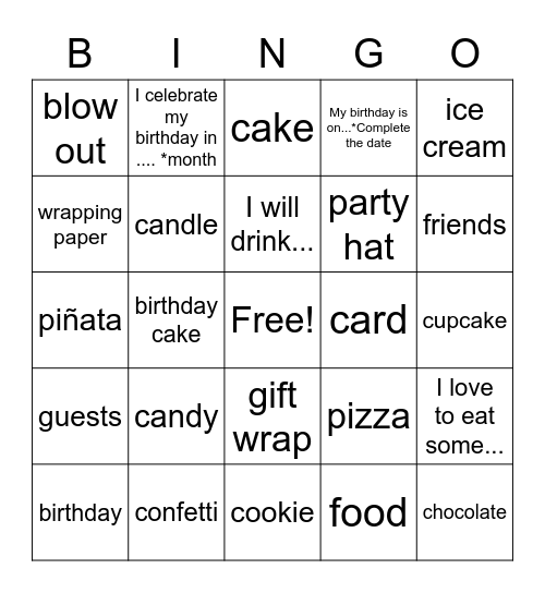 Birthday supplies Bingo Card