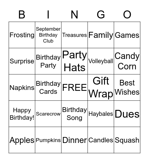 September Birthday Club Bingo Card