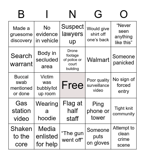 Murder Show Bingo Card