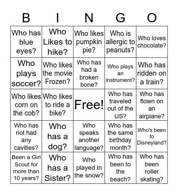 Getting to know You! Bingo Card