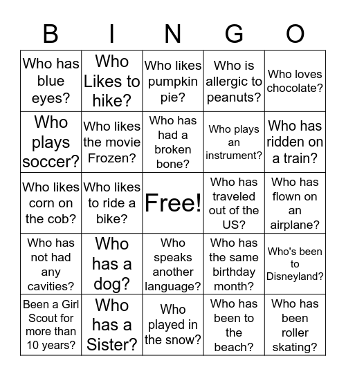 Getting to know You! Bingo Card
