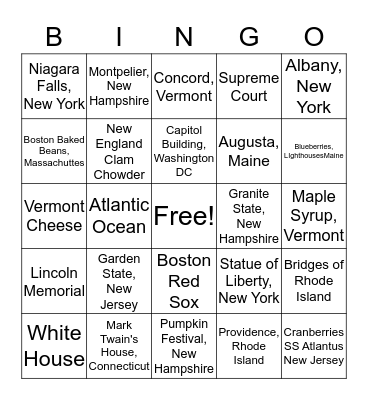 Northeast US Region Bingo Card
