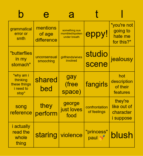 beatles fanfiction bingo Card