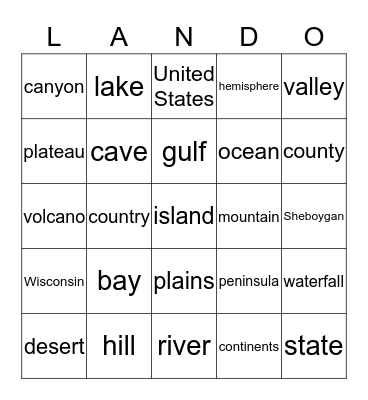 Landform Bingo Card