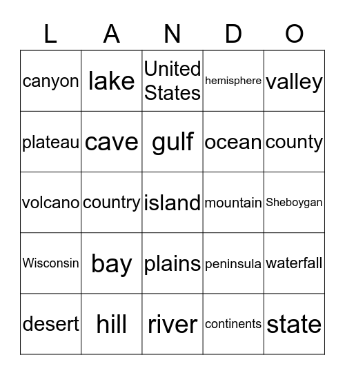 Landform Bingo Card