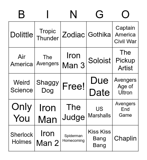 Robert Downey Jr. Movies Bingo Card