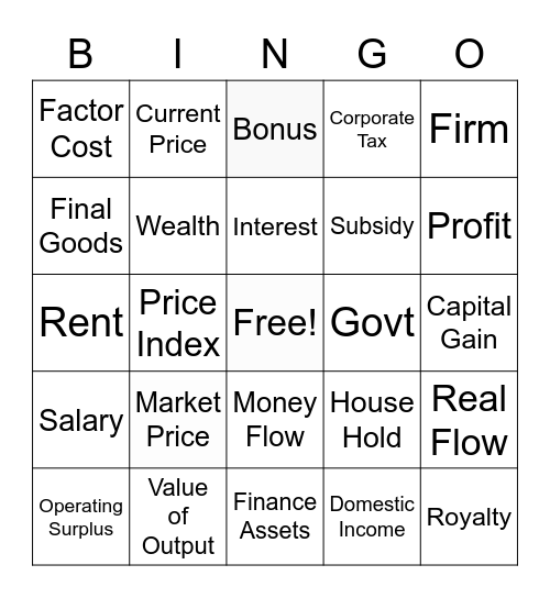 National Income Bingo Card