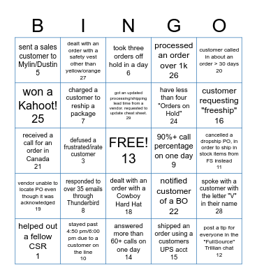 FS CSR Bingo Card