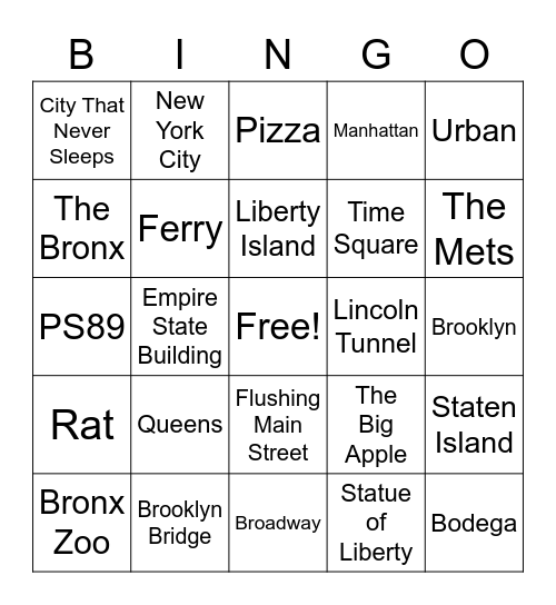 The 5 Boroughs Bingo Card