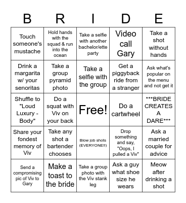 VIV'S BACHELORETTE BINGO Card