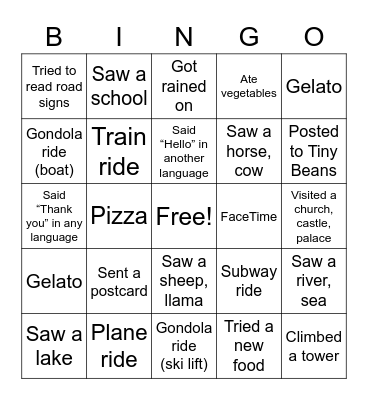 Sarah’s Vacation 2022 Bingo Card