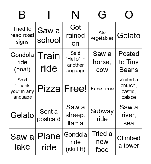 Sarah’s Vacation 2022 Bingo Card