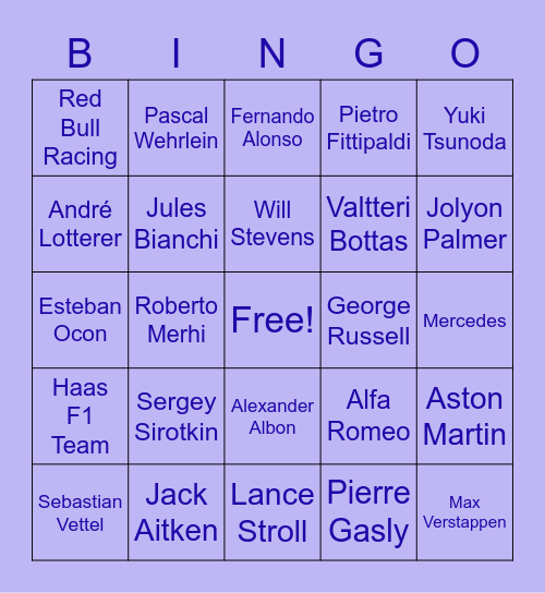 F1 Racing Bingo Card