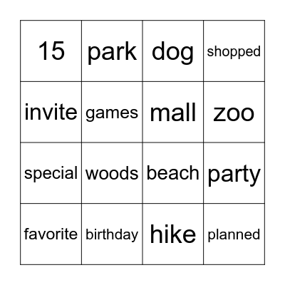 Darby's Birthday Party Bingo Card