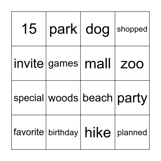 Darby's Birthday Party Bingo Card