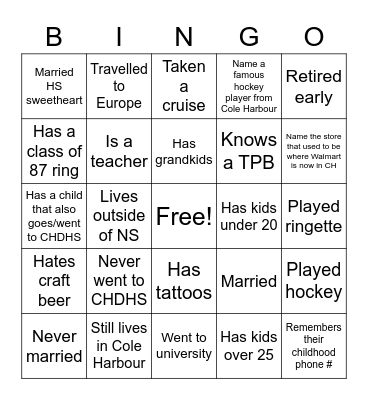 CHDHS 35th Reunion Bingo Card
