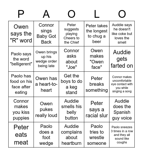 Owen's Bingo Card Bingo Card