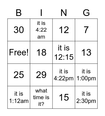 numbers and time Bingo Card