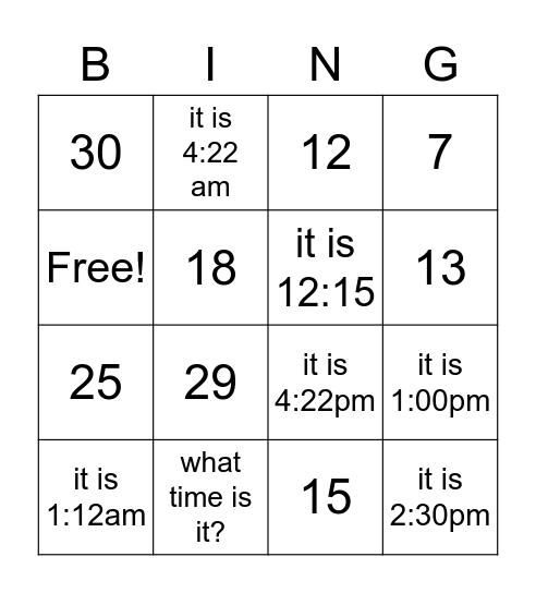 numbers and time Bingo Card