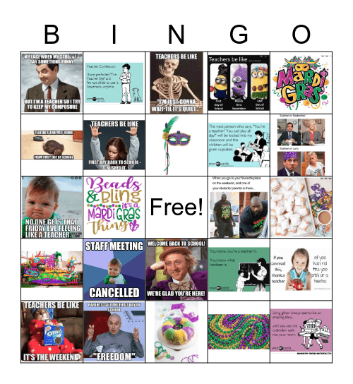 Teacher BINGO  + Mardi Gras Bingo Card