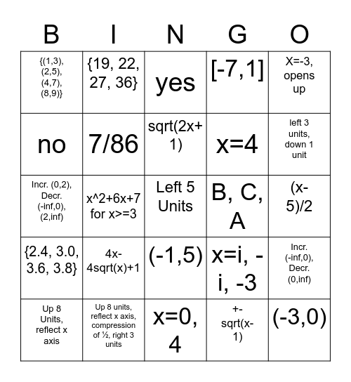 MATH 101 Test 2 Bingo Card