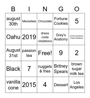 Eriel's Birthday Bingo Card