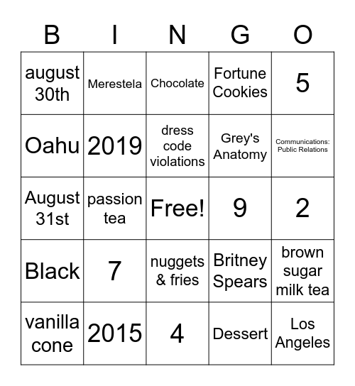 Eriel's Birthday Bingo Card