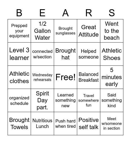 GVR Band Camp Bingo Card