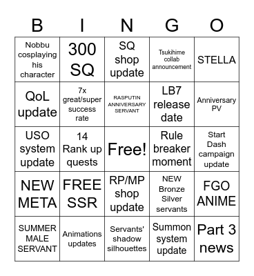 FGO 7TH ANNIVERSARY Bingo Card