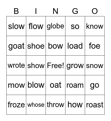 Long O Patterns Bingo Card
