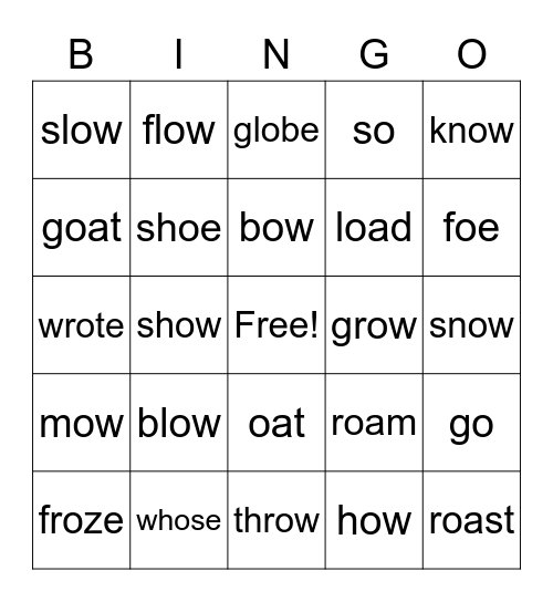 Long O Patterns Bingo Card