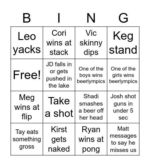 August Long Shenanigans Bingo Card