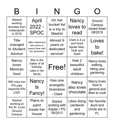 ALL ABOUT NANCY!! :) Bingo Card
