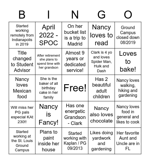 ALL ABOUT NANCY!! :) Bingo Card