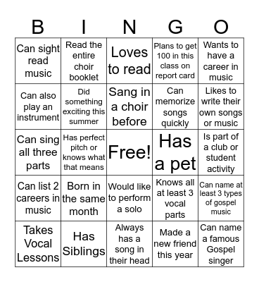 Vocal Music Bingo  Bingo Card