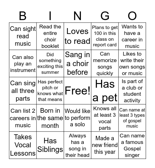 Vocal Music Bingo  Bingo Card