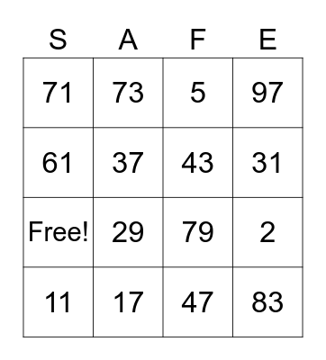 Safety Bingo Card