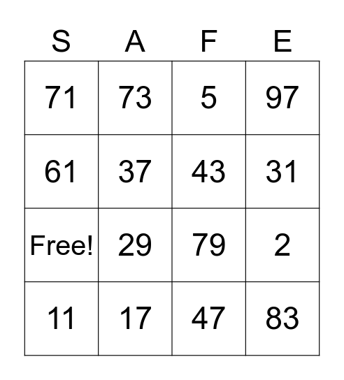 Safety Bingo Card