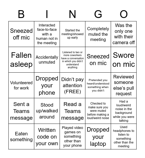 Stuff You’ve Done During a Meeting Bingo Card