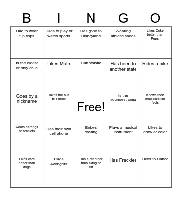 Classmate Bingo Card