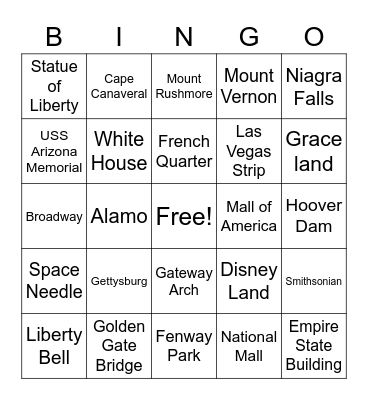 US LANDMARKS Bingo Card