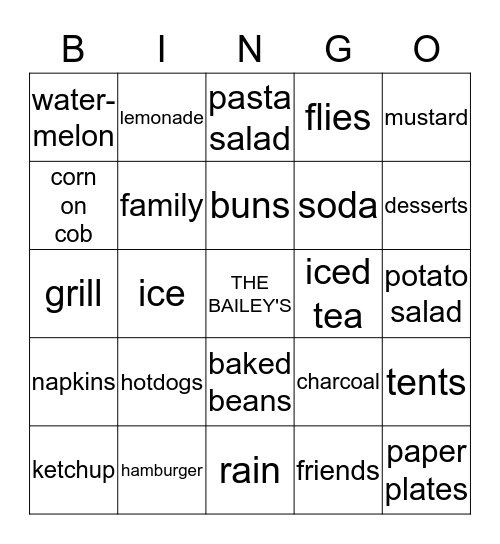 The Bailey's End Of Summer BBQ Bingo Card