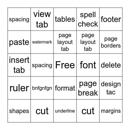 Microsoft Word  Bingo Card