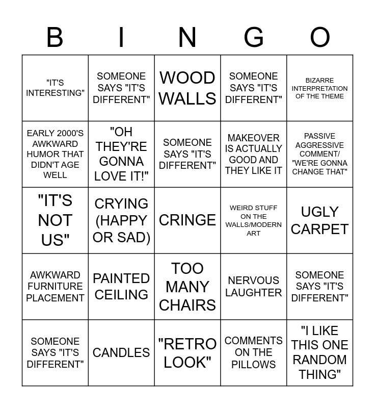 Trading Spaces Bingo Card