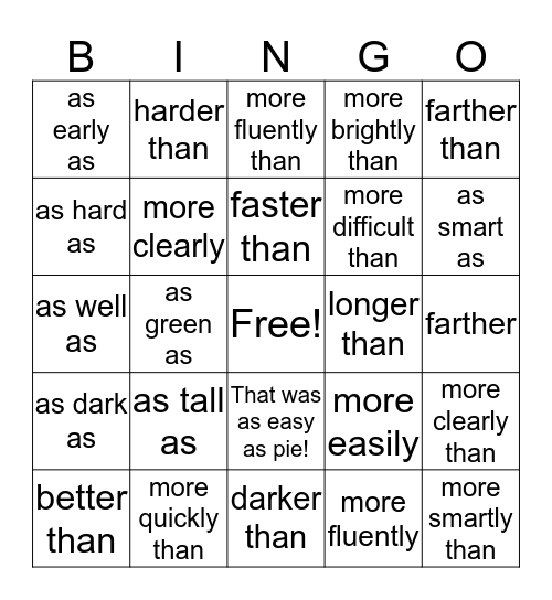 Comparison Bingo Card