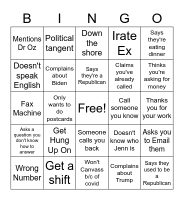 Phonebanking Bingo Card