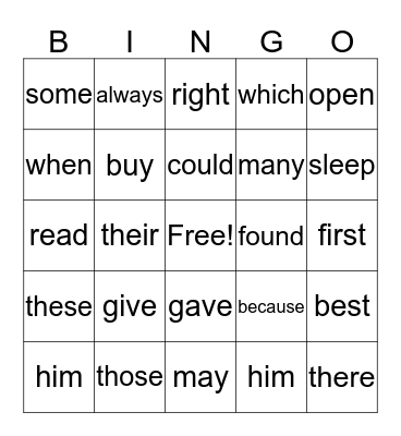 Sight Word BINGO Card